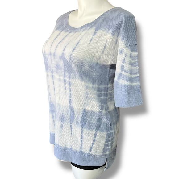 Easel Womens Waffle Knit Sweater Shirt Top Short Sleeve Tie Dye Blue White Large - Picture 6 of 11